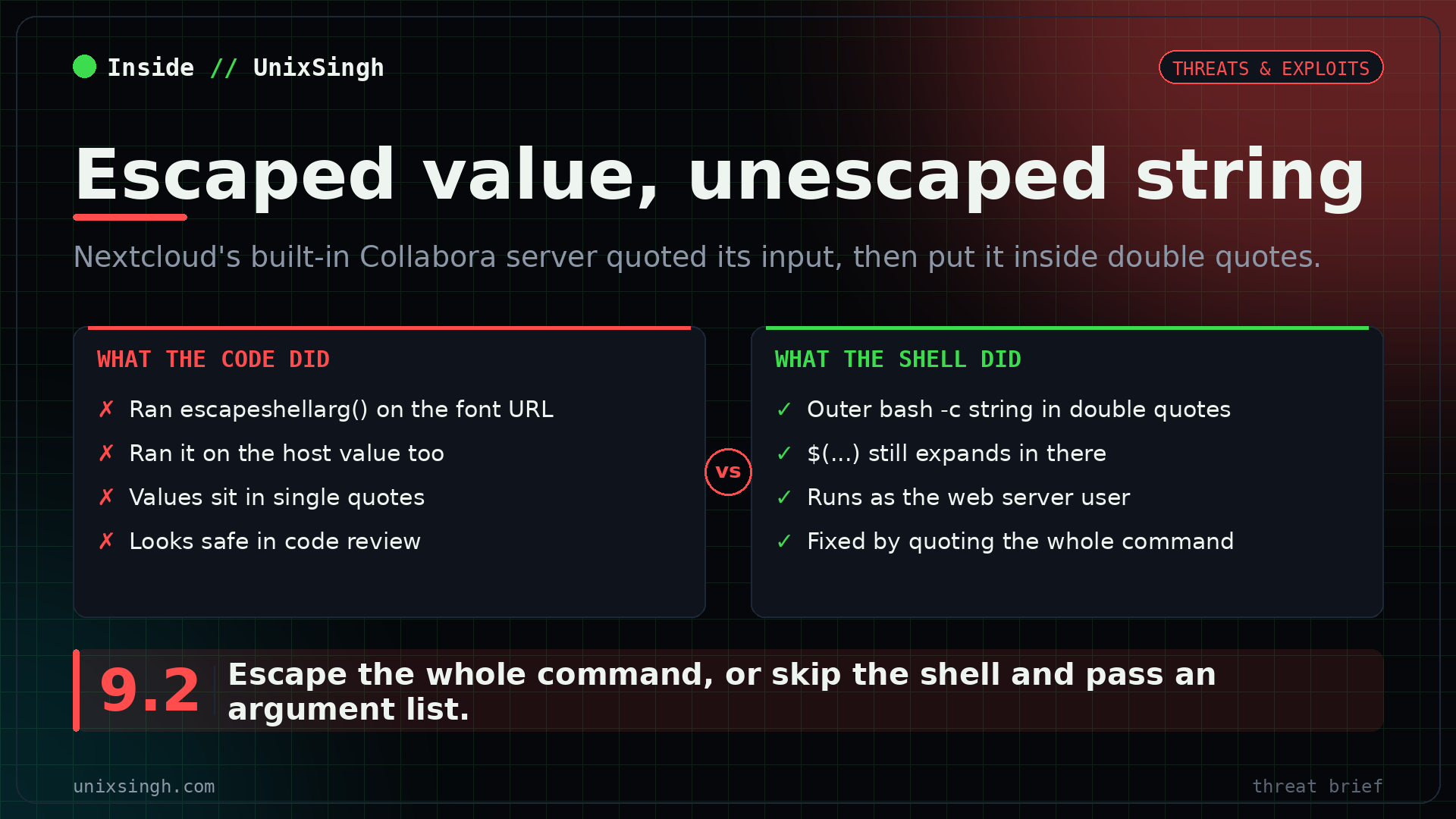 CVE-2026-110447 explained: the values were escaped, but the whole command sat inside double quotes, so the shell still ran command substitution